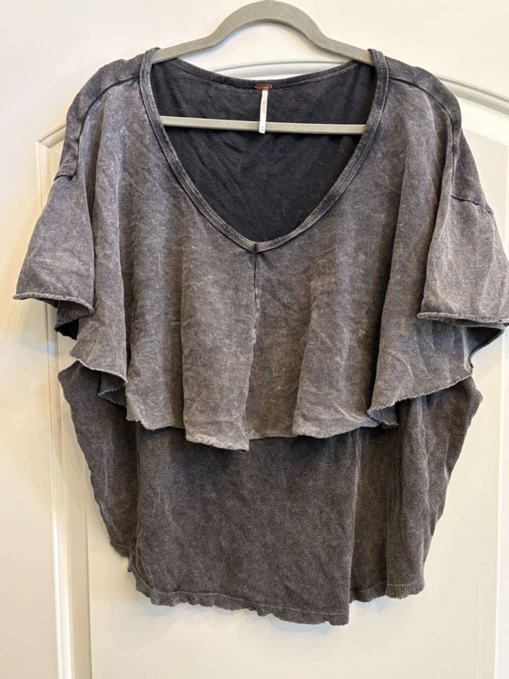 Free People Washed Charcoal Ruffle V-Neck Tee